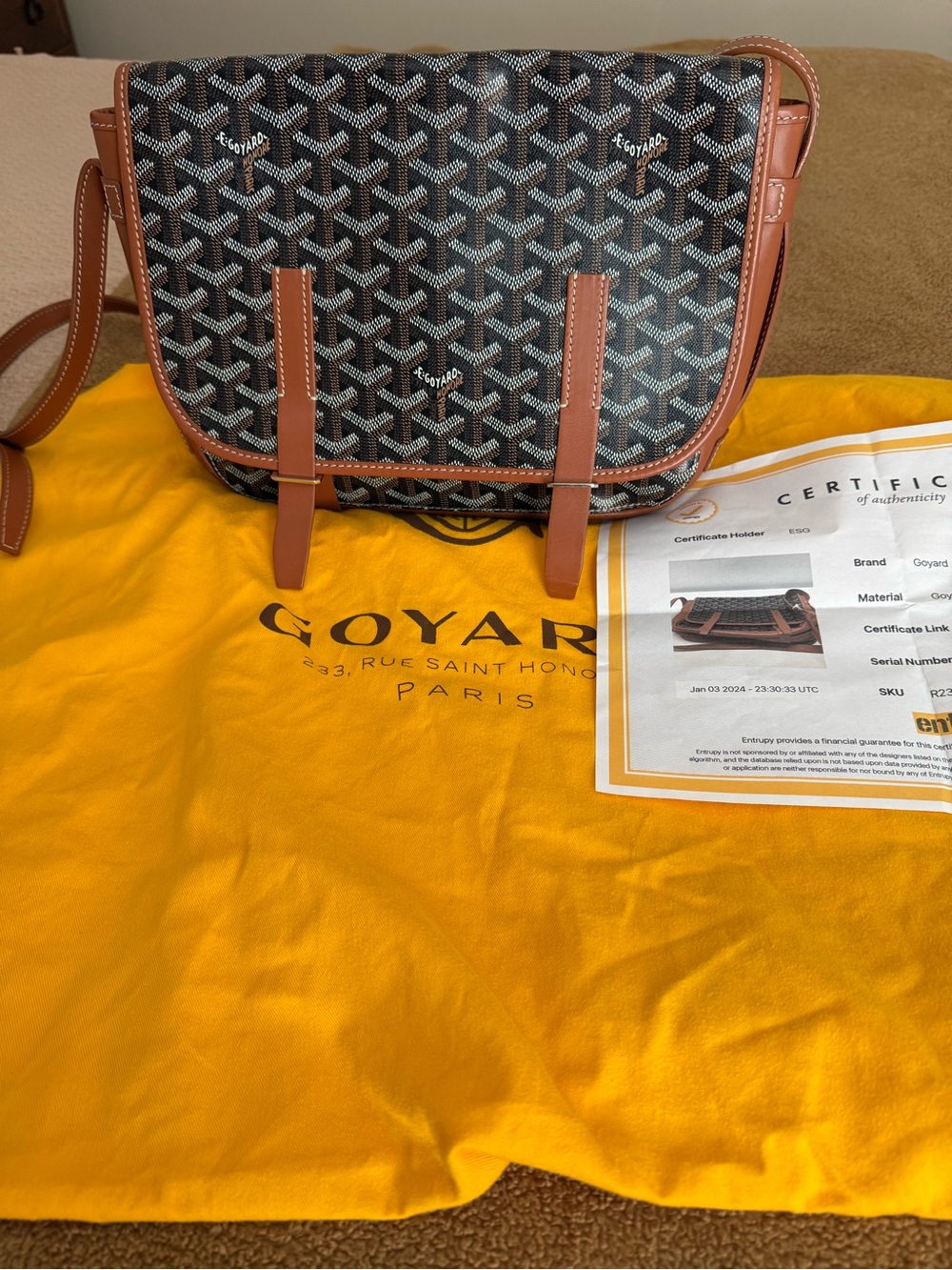 Goyard Belvedere Brown and Black Messenger Bag w/ crossbody strap COA 10”x9”x3”